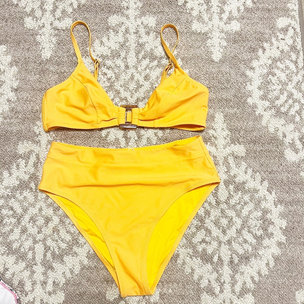 Cupshe Yellow High Waisted Bikini O ring triangle top Size L NWT